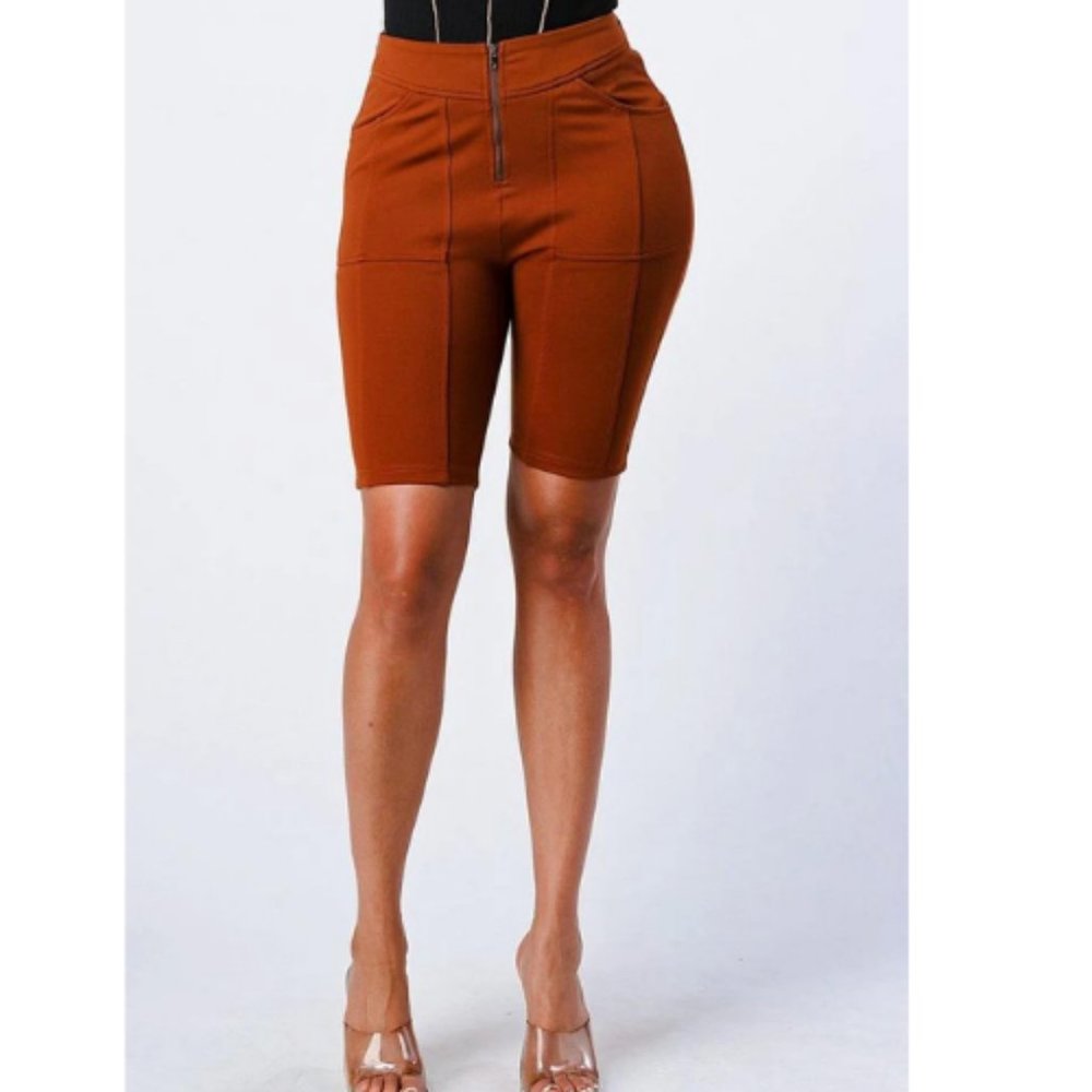 Women’s Brown  Zip Up Biker Shorts